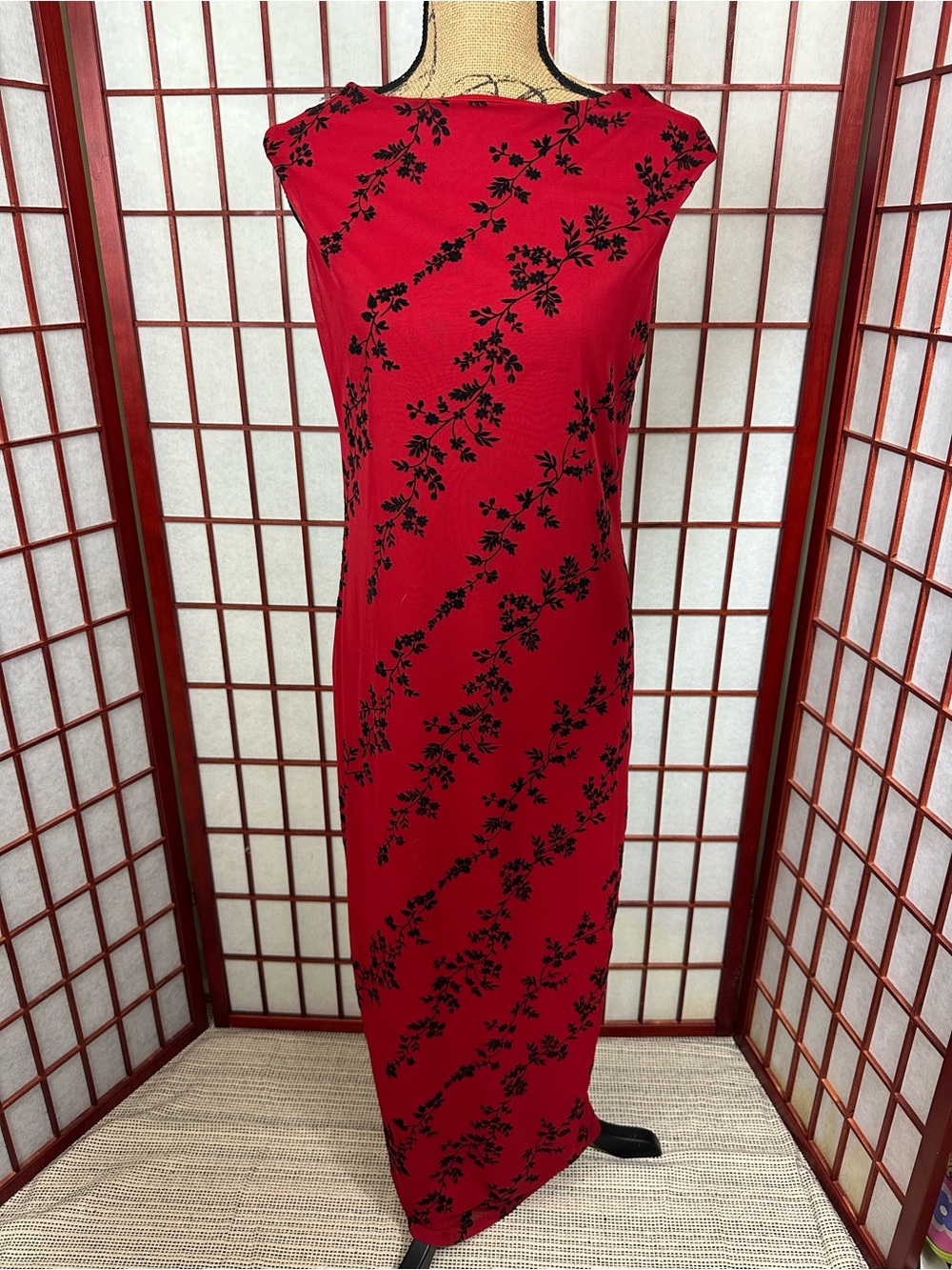 Vintage 90s Red Black Floral Whimsigoth Romantic Sleeveless Maxi Dress